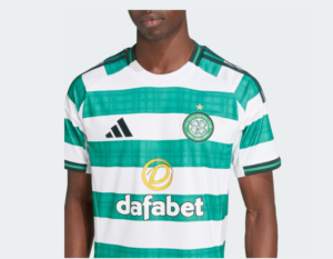 Player wearing a Celtic FC green and white hooped jersey with Adidas logo, club crest with a star, and Dafabet sponsor.