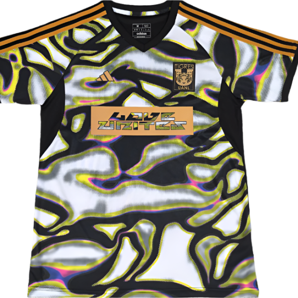 Bright Tigres UANL football jersey with Adidas stripes and abstract camo pattern, crest on left chest.