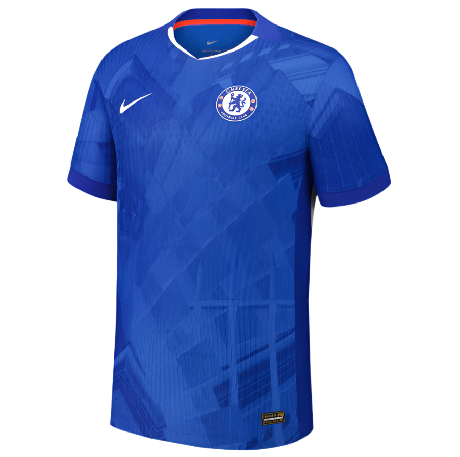 Screenshot_2025-06-19_032130 | UAE SPORT STORE Chelsea FC blue home jersey with white Nike swoosh and club crest on the chest, featuring a geometric pattern and white collar trim.