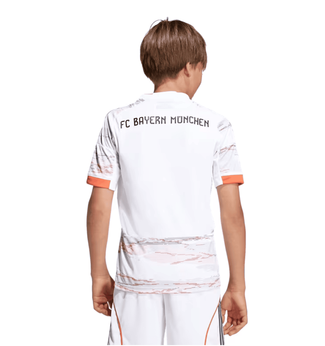 Screenshot_2025-06-19_040741 | UAE SPORT STORE Back view of a child wearing a white FC Bayern München soccer jersey with orange sleeve cuffs and a marbled pattern around the midsection.