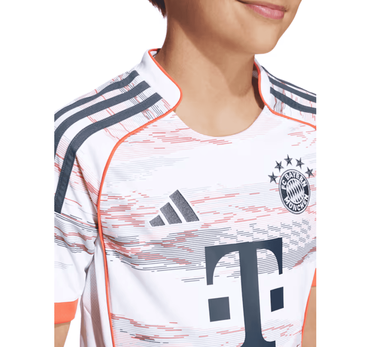 Partial view of a person wearing a Bayern Munich football jersey, displaying the club crest and Adidas logo on a white kit with blue stripes.