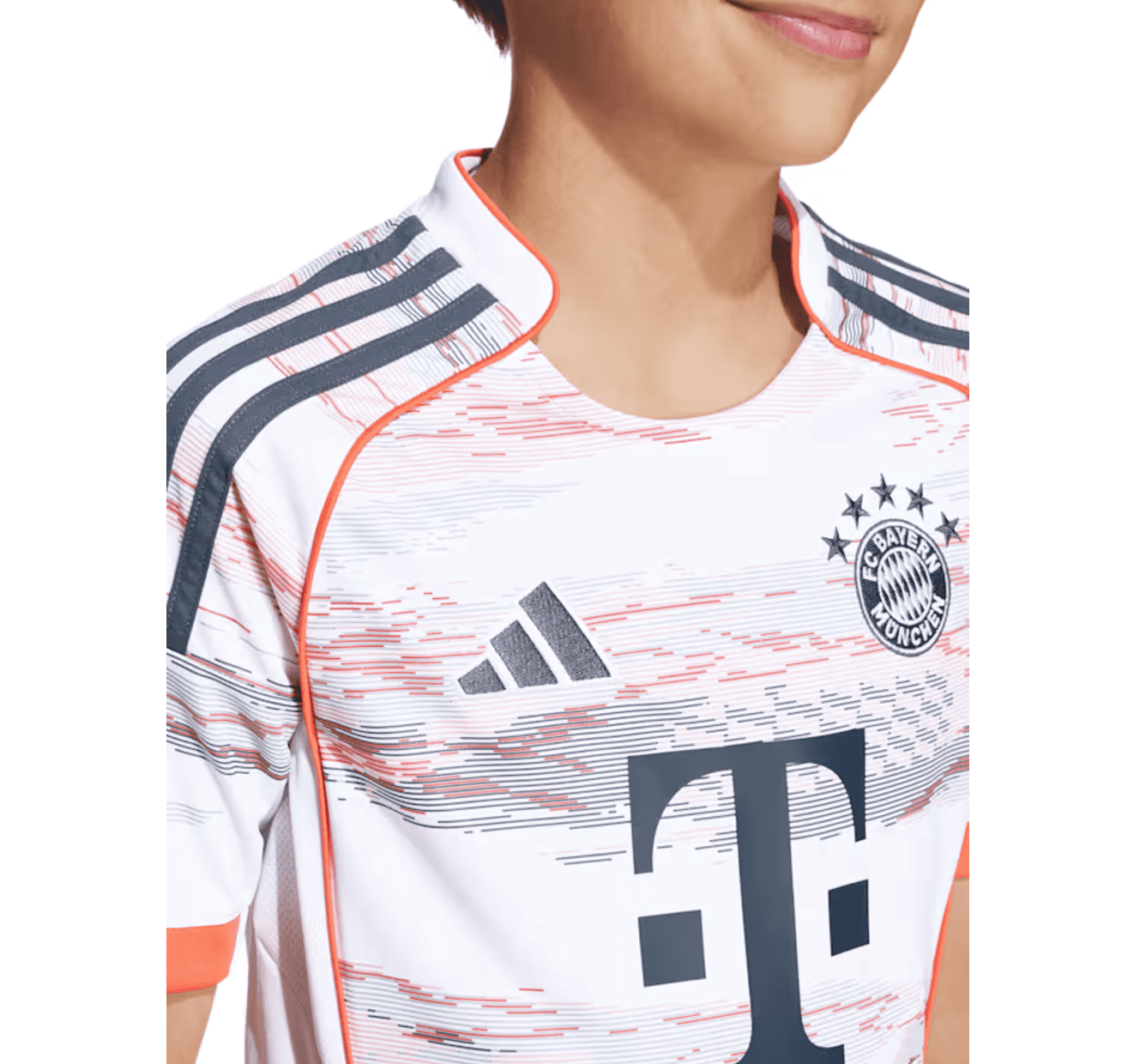 Screenshot_2025-06-19_040755 | UAE SPORT STORE Partial view of a person wearing a Bayern Munich football jersey, displaying the club crest and Adidas logo on a white kit with blue stripes.