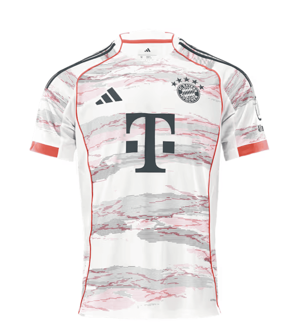 Screenshot_2025-06-19_040811 | UAE SPORT STORE White FC Bayern football jersey with pink camo pattern, Adidas logo, and large central sponsor logo.