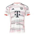 White FC Bayern Munich football jersey with red abstract pattern, large T-Mobile sponsor logo, Adidas logo, and club crest on the chest.