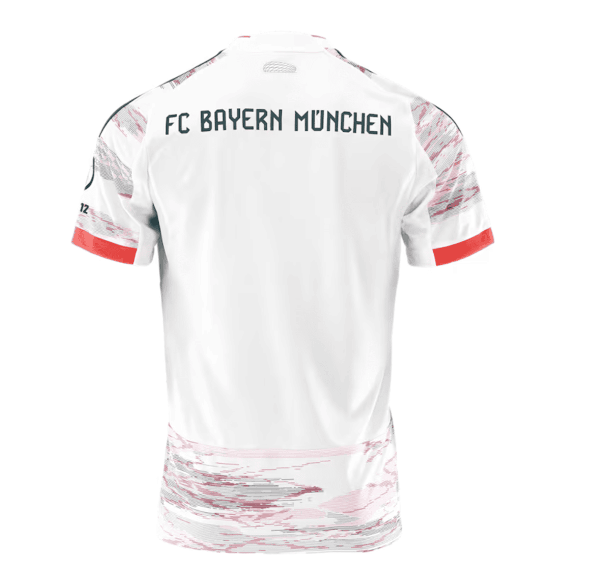 White FC Bayern München jersey back view with bold team name across the shoulders and red sleeve cuffs.