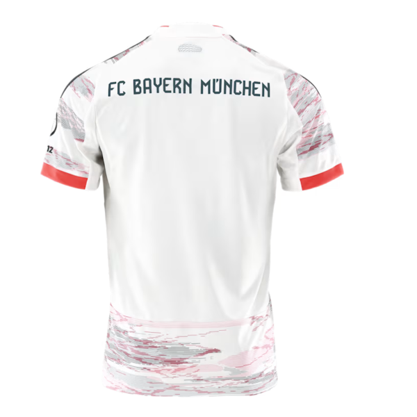 White FC Bayern München jersey back view with bold team name across the shoulders and red sleeve cuffs.