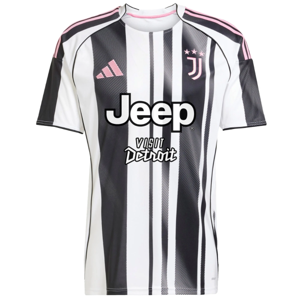 Juventus football jersey front with black-and-white stripes, pink accents, and sponsor logos (Jeep, Vision Detroit).