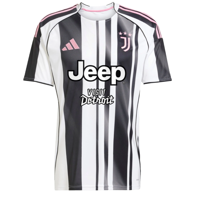 Juventus football jersey front with black-and-white stripes, pink accents, and sponsor logos (Jeep, Vision Detroit).