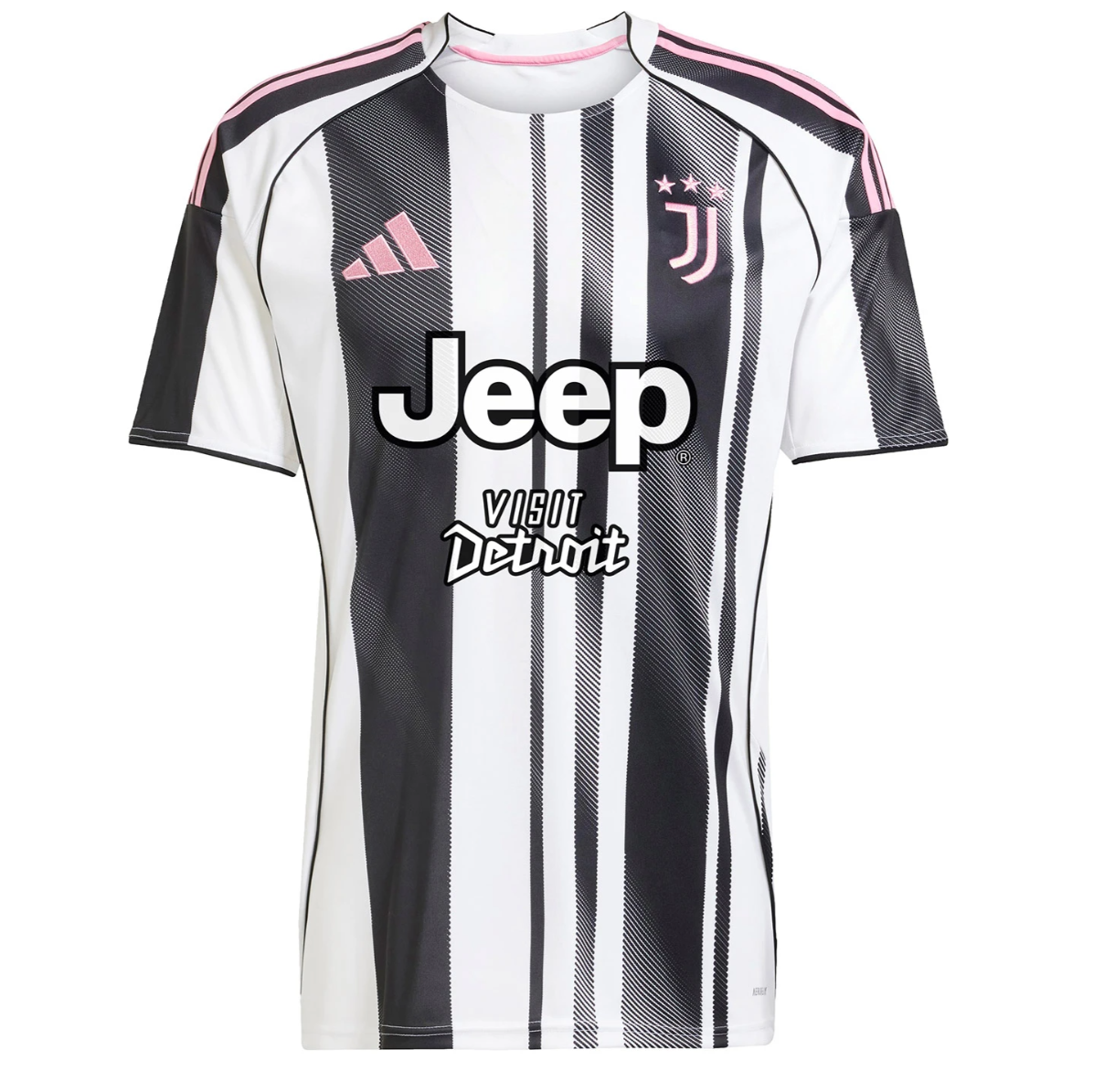 Juventus football jersey front with black-and-white stripes, pink accents, and sponsor logos (Jeep, Vision Detroit).