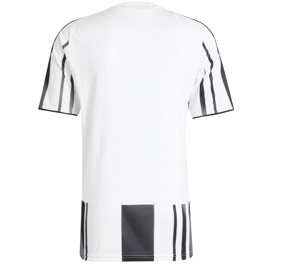 Back view of a white athletic jersey with black vertical striped accents on the sleeves and a striped hem panel at the bottom back area.