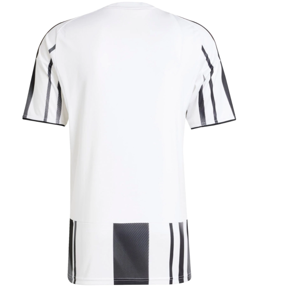 Back view of a white athletic jersey with black vertical striped accents on the sleeves and a striped hem panel at the bottom back area.