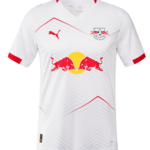 White RB Leipzig football jersey with red piping and Red Bull logo on the chest, front view