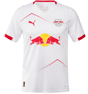 White RB Leipzig football jersey with red piping and Red Bull logo on the chest, front view