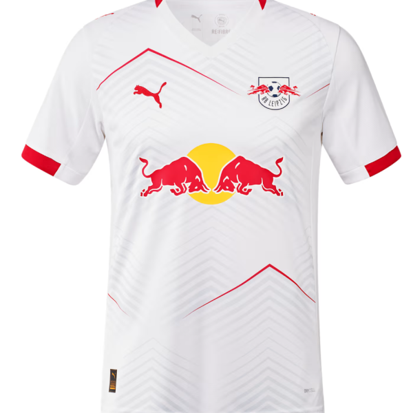 White RB Leipzig football jersey with red piping and Red Bull logo on the chest, front view