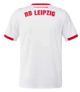 Back view of a white RB Leipzig soccer jersey with red collar and sleeve cuffs, red 'RB LEIPZIG' text and the slogan 'YOU CAN DO ANYTHING' at the neck.