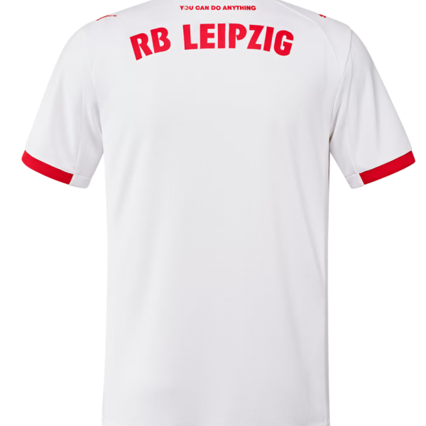 Back view of a white RB Leipzig soccer jersey with red collar and sleeve cuffs, red 'RB LEIPZIG' text and the slogan 'YOU CAN DO ANYTHING' at the neck.