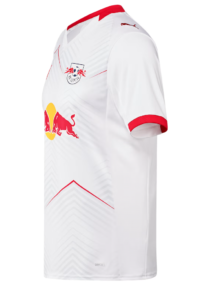 White RB Leipzig football jersey with red accents, featuring the Red Bull sponsor logo on the chest and the team crest, plus a small Puma logo on the sleeve.