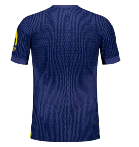 Back view of a dark blue sports jersey with vertical pinstripes and purple sleeve cuffs.