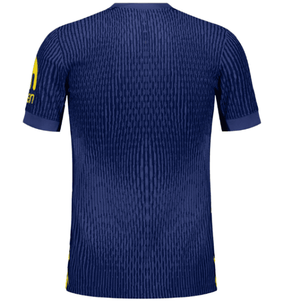 Back view of a dark blue sports jersey with vertical pinstripes and purple sleeve cuffs.