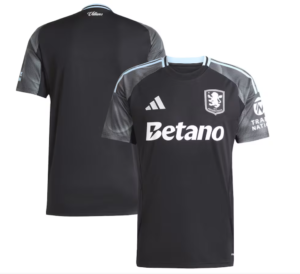 Black Aston Villa football jersey with light blue trim, front shows Betano sponsor and club crest; back view plain black.