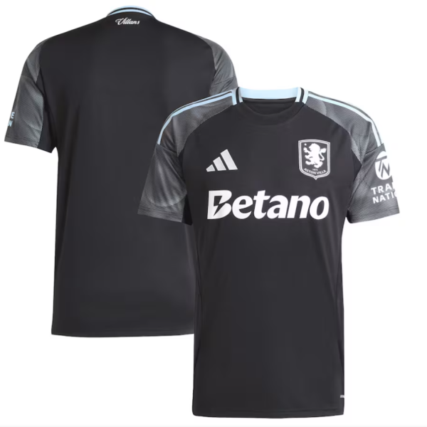 Black Aston Villa football jersey with light blue trim, front shows Betano sponsor and club crest; back view plain black.