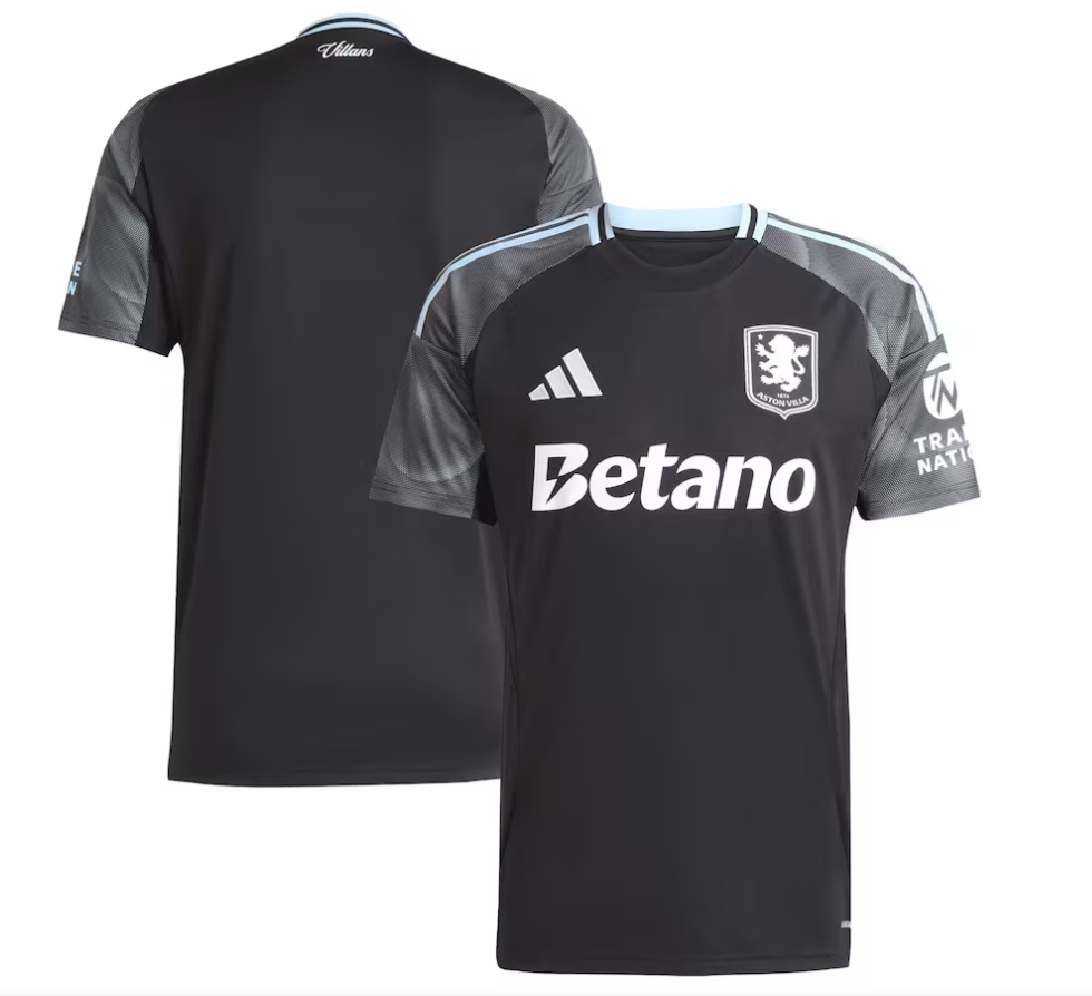 Screenshot_2025-06-19_052551 Black Aston Villa football jersey with light blue trim, front shows Betano sponsor and club crest; back view plain black.