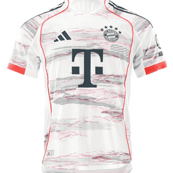 White Bayern Munich soccer jersey with red piping, large dark sponsor 'T' on front, Adidas logo, and club crest on chest.