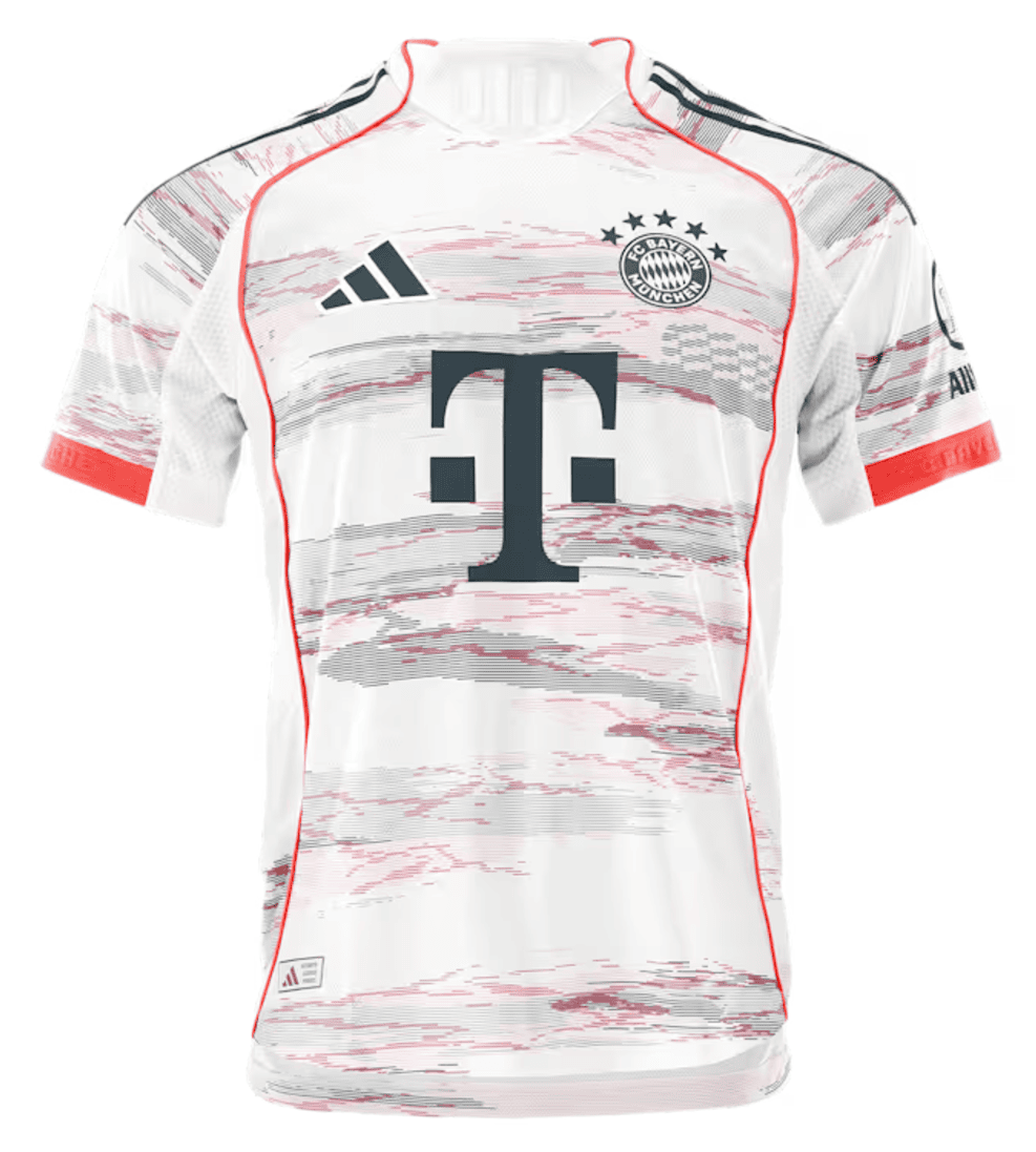 Screenshot_2025-06-19_053547 | UAE SPORT STORE White Bayern Munich soccer jersey with red piping, large dark sponsor 'T' on front, Adidas logo, and club crest on chest.