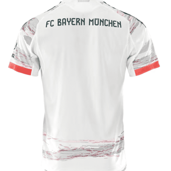 Back view of a white FC Bayern München football jersey with red-gray abstract pattern and the text 'FC BAYERN MÜNCHEN' across the shoulders.