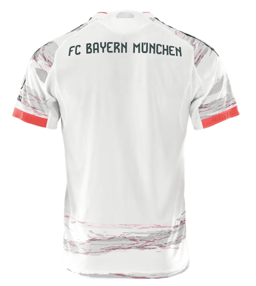 Screenshot_2025-06-19_053553 | UAE SPORT STORE Back view of a white FC Bayern München football jersey with red-gray abstract pattern and the text 'FC BAYERN MÜNCHEN' across the shoulders.