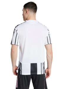 Back view of a person wearing a white athletic jersey with black vertical stripes on the sleeves and hem