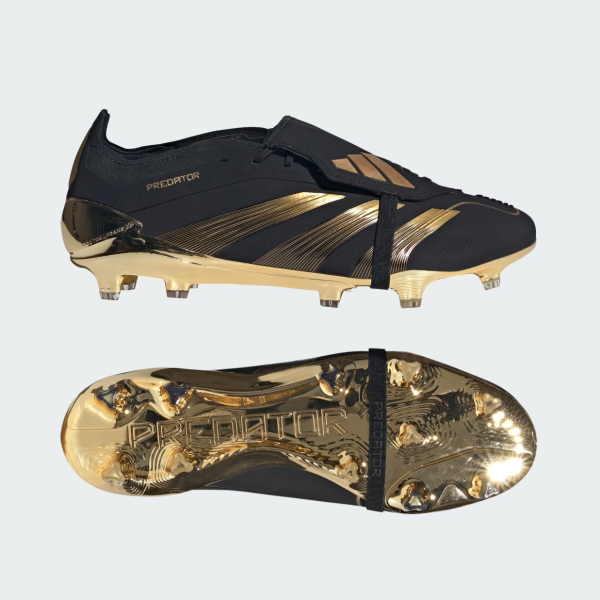 Black Adidas Predator soccer boot with gold metallic accents and studded sole.