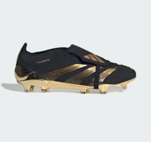 Black Adidas Predator soccer cleat with a gold metallic soleplate and gold detailing along the side (image showcases a luxury football boot).