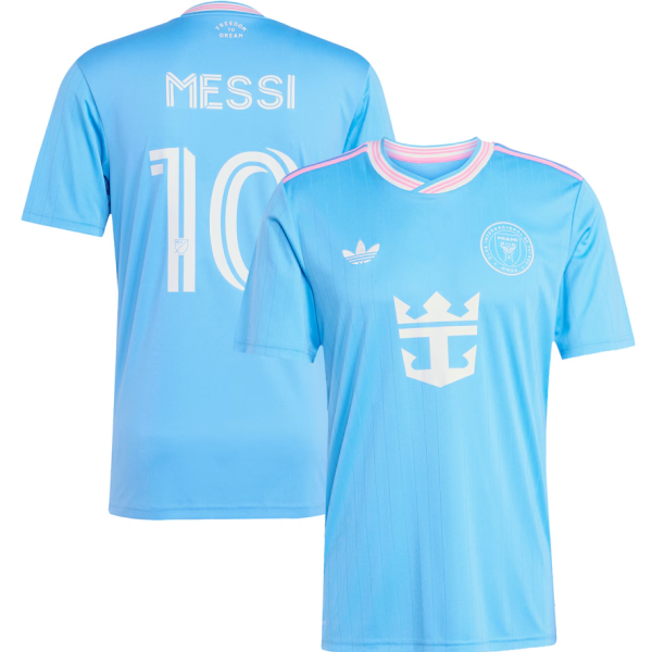Front and back view of a light blue soccer jersey set: front shows Adidas logo and club crest; back shows 'MESSI' and number 10, with pink trim neckline on the collar.