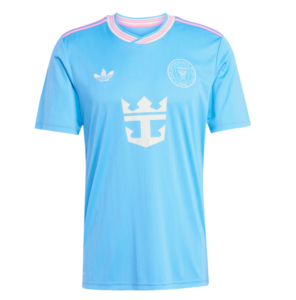 Light blue soccer jersey with pink-trim collar, subtle vertical stripes, a white crest on the left chest and a large white sponsor symbol on the front.