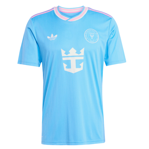 Light blue soccer jersey with pink-trim collar, subtle vertical stripes, a white crest on the left chest and a large white sponsor symbol on the front.