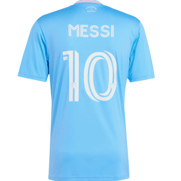 Back view of a light blue soccer jersey with the name 'MESSI' and the number '10' in white lettering.