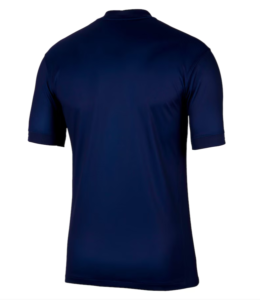 Back view of a navy blue short-sleeve athletic shirt.