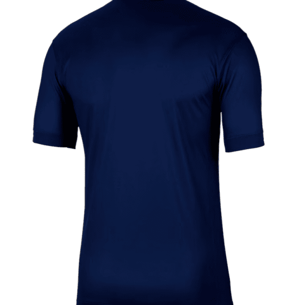 Back view of a navy blue short-sleeve athletic shirt.