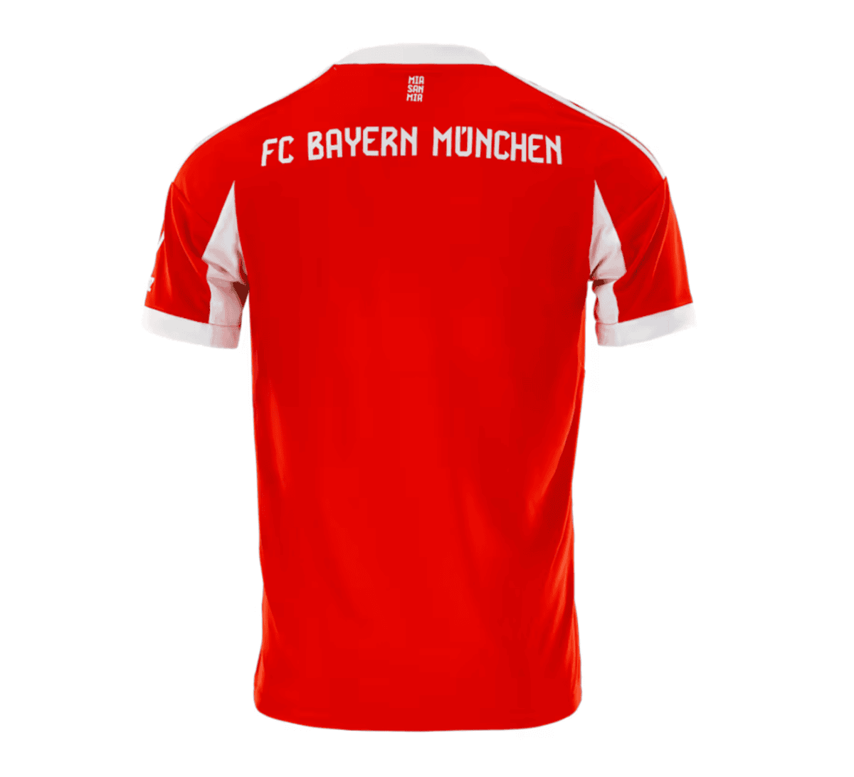 Back view of a red FC Bayern Munich jersey with white accents and 'FC BAYERN MÜNCHEN' text across the shoulders/upper back