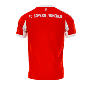 Back view of a red FC Bayern Munich jersey with white accents and 'FC BAYERN MÜNCHEN' text across the shoulders/upper back