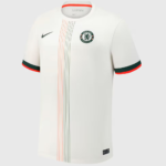 Screenshot_2025-06-23_194614 | UAE SPORT STORE White Chelsea FC football jersey with orange/green vertical stripes, Nike swoosh, crest, and red sleeve trim on a light background.