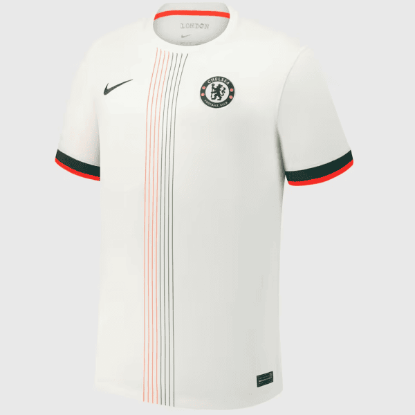 White Chelsea FC football jersey with orange/green vertical stripes, Nike swoosh, crest, and red sleeve trim on a light background.