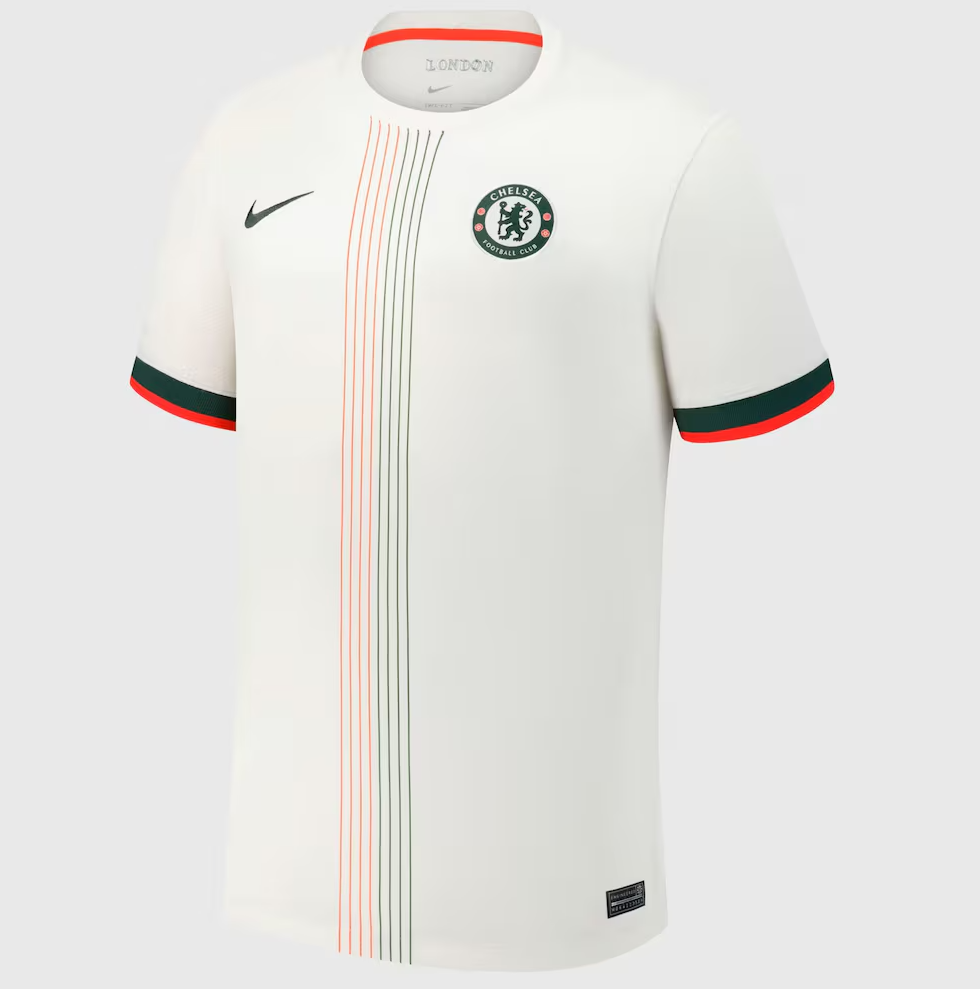 Screenshot_2025-06-23_194614 | UAE SPORT STORE White Chelsea FC football jersey with orange/green vertical stripes, Nike swoosh, crest, and red sleeve trim on a light background.