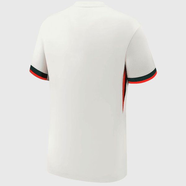White polo shirt shown from the back with green and red striped sleeve cuffs.