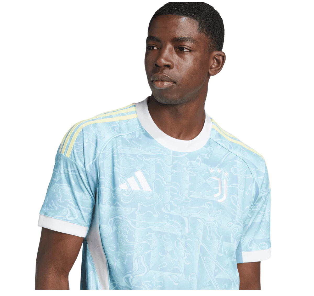 Man wearing a light-blue Juventus soccer jersey with white collar and Adidas logo on chest.