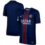 Front and back views of a dark blue Paris Saint‑Germain soccer jersey with a red vertical stripe, PSG crest, Nike swoosh, and Qatar Airways sponsor.