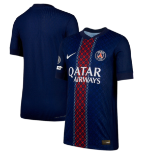 Front and back views of a dark blue Paris Saint‑Germain soccer jersey with a red vertical stripe, PSG crest, Nike swoosh, and Qatar Airways sponsor.