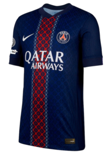 Paris Saint-Germain football jersey in dark blue with a red geometric central stripe and Qatar Airways sponsor logo on the chest. Contains PSG crest on the left chest.