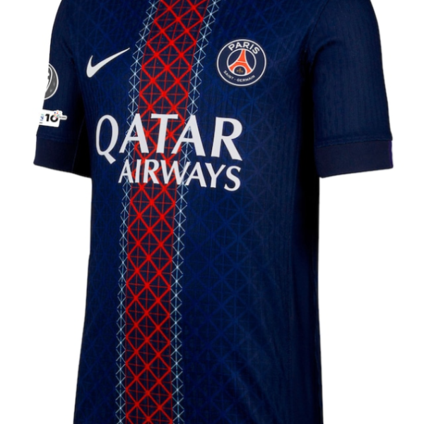 Paris Saint-Germain football jersey in dark blue with a red geometric central stripe and Qatar Airways sponsor logo on the chest. Contains PSG crest on the left chest.